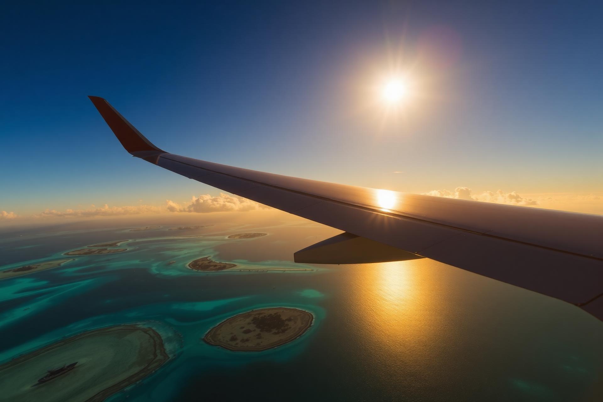 Vista da janela de um avião sobrevoando ilhas tropicais ao pôr do sol